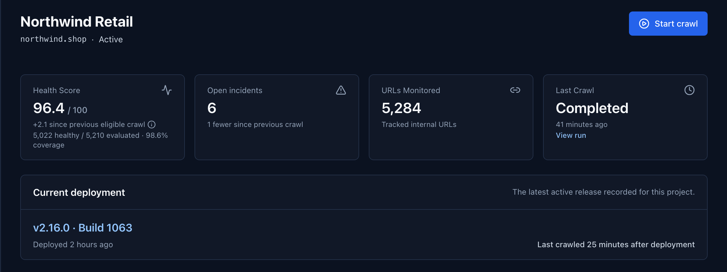 CrawlDrift project overview showing Health Score, open incidents, monitored URLs and the current deployment